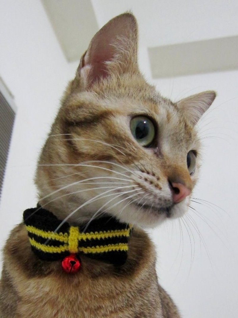 Yellow striped bowknot wool cat collar - Collars & Leashes - Acrylic Yellow