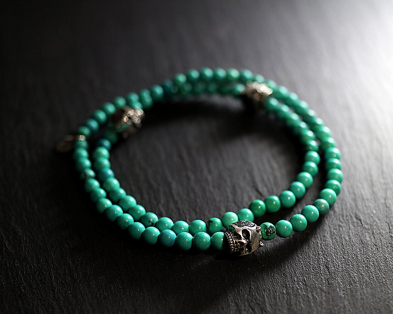 Demon Skull Sterling Silver Double Ring Bracelet (Turkish Stone) - สร้อยข้อมือ - วัสดุอื่นๆ สีเขียว