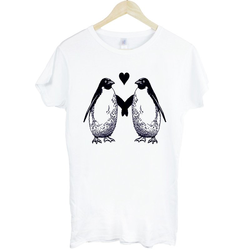 Penguin Love white gray t shirt - เสื้อยืดผู้หญิง - ผ้าฝ้าย/ผ้าลินิน ขาว