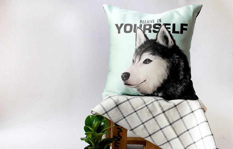 Pillow cover  Cushion Pillow satin print 14 inch with Siberian husky dog Text Believe in your self - Pillows & Cushions - Other Materials Multicolor