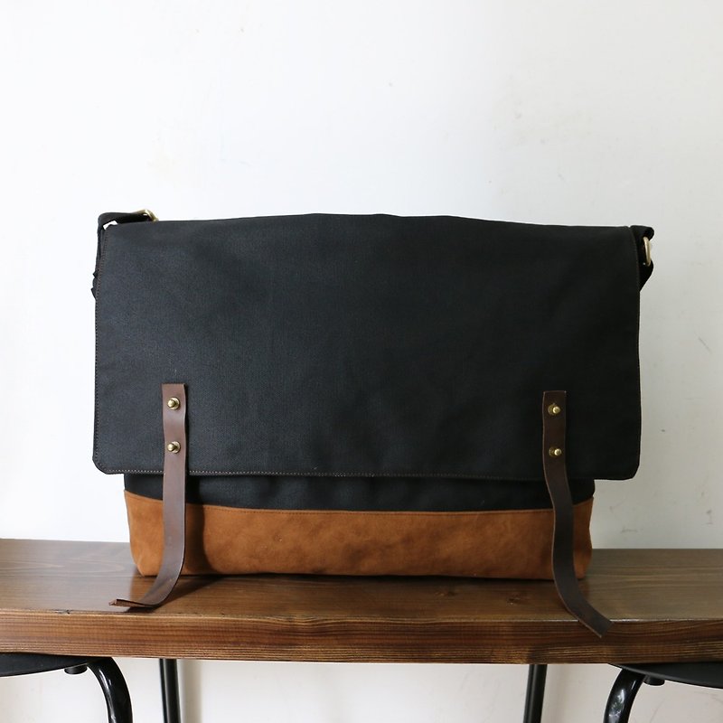 *Mingen Handiwork*Original Handmade Simple Style Canvas Bag Cowhide Diagonal Bag Boys Backpack - Messenger Bags & Sling Bags - Other Materials Black