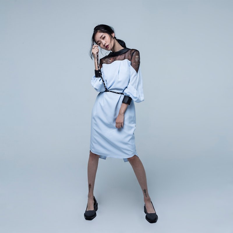 Tattoo Print Stitching Shirt Dress with Open Back - One Piece Dresses - Other Materials Blue