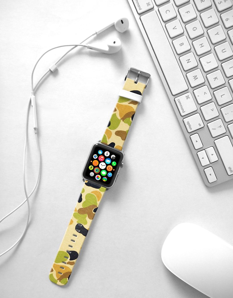 Designer Apple Watch band for All Series - Yellow Camouflage Pattern - สายนาฬิกา - หนังแท้ 