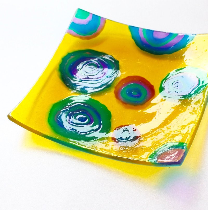 Circles│Yellow Geometric Pattern Glass Jewelry Dish・Retro Gifts - อื่นๆ - แก้ว สีเหลือง