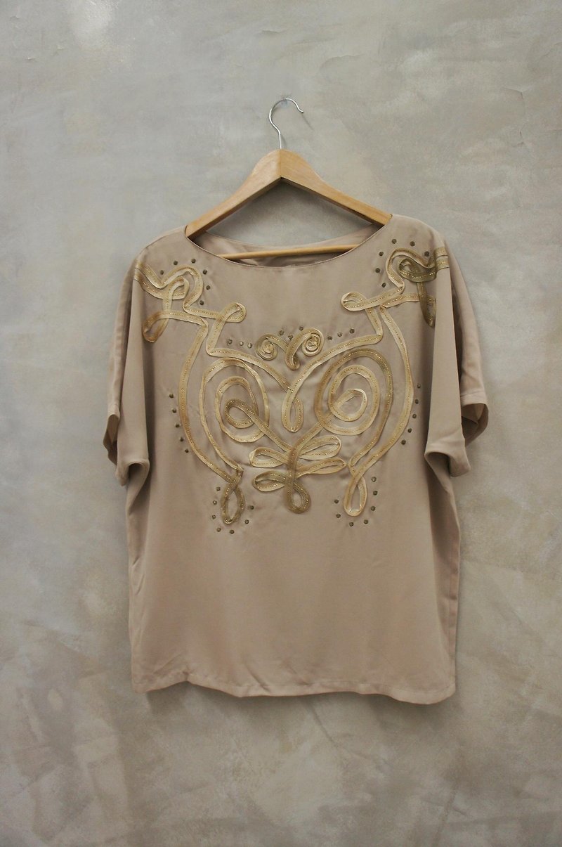 PdB vintage embroidered chiffon blouse with decorative Khaki - เสื้อผู้หญิง - วัสดุอื่นๆ สีกากี