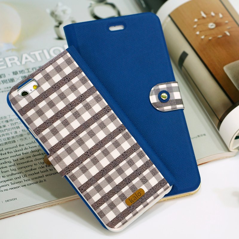 Kalo Carel creative iPhone 6 (4.7-inch) classic rollover Case series (Plaid Blue) - เคส/ซองมือถือ - วัสดุกันนำ้ สีน้ำเงิน