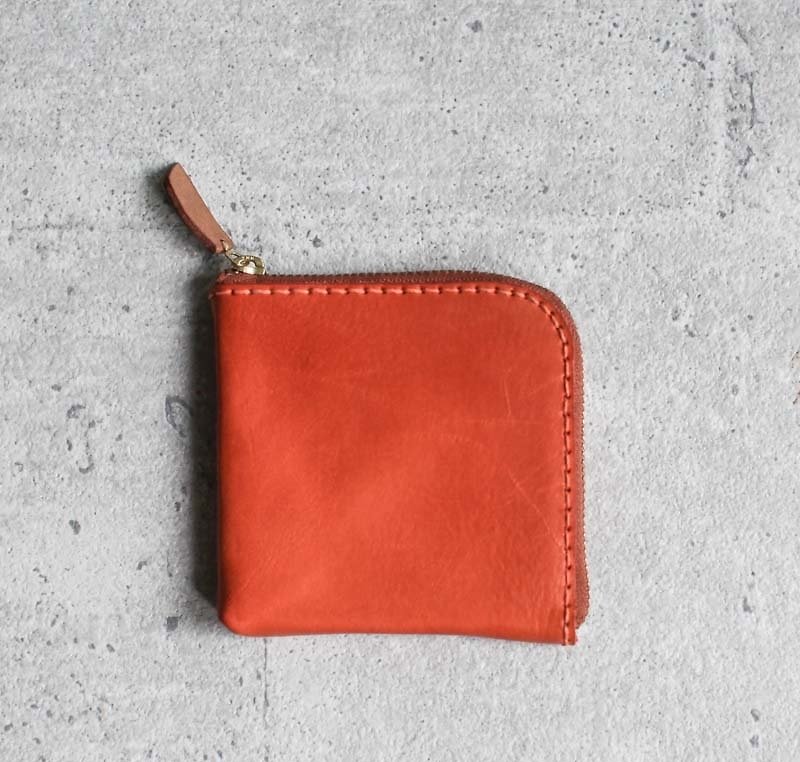 紅橘色植鞣真牛皮手工零錢包/皮夾 - 零錢包/小錢包 - 真皮 紅色