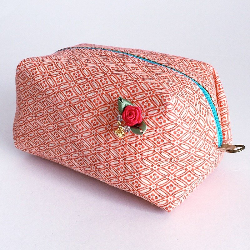 Pouch with Japanese Traditional Pattern, Kimono (Large) - Toiletry Bags & Pouches - Other Materials Orange