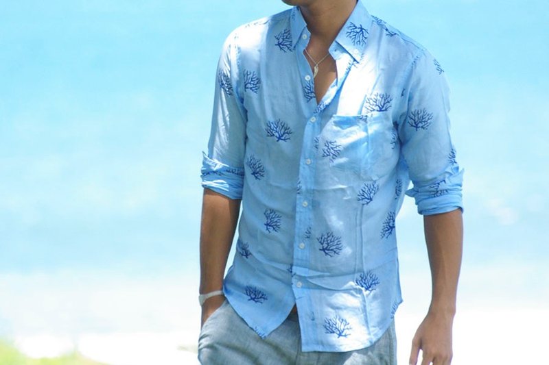 Island Style Men shirt <Coral Blue> S size - Men's Shirts - Other Materials Blue