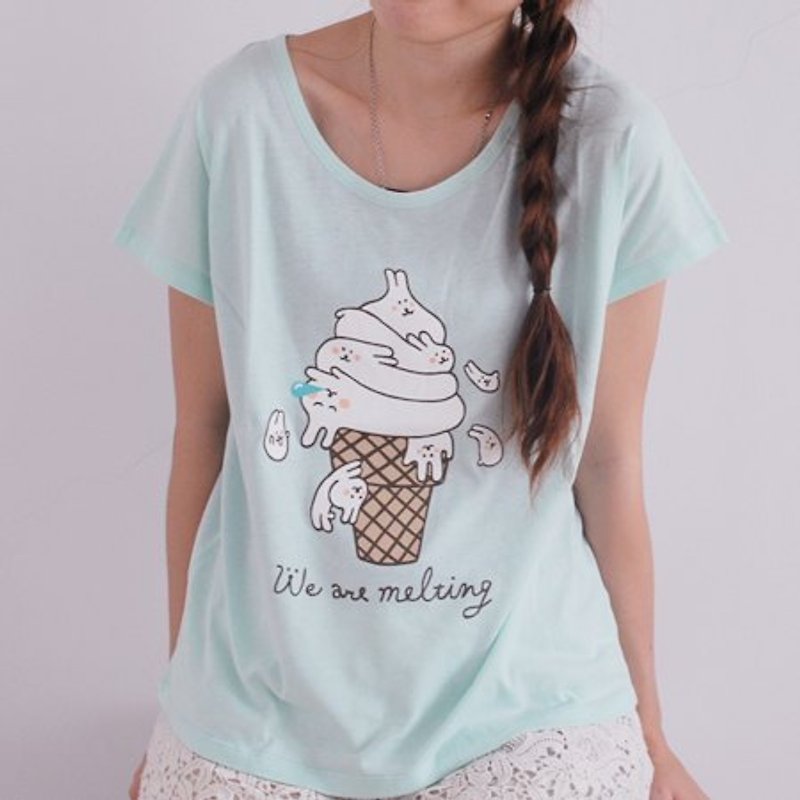 *Mori Shu*Ma 糬 rabbit vanilla ice cream T-shirt (lake green standard area) - กางเกงขาสั้น - ผ้าฝ้าย/ผ้าลินิน สีเขียว