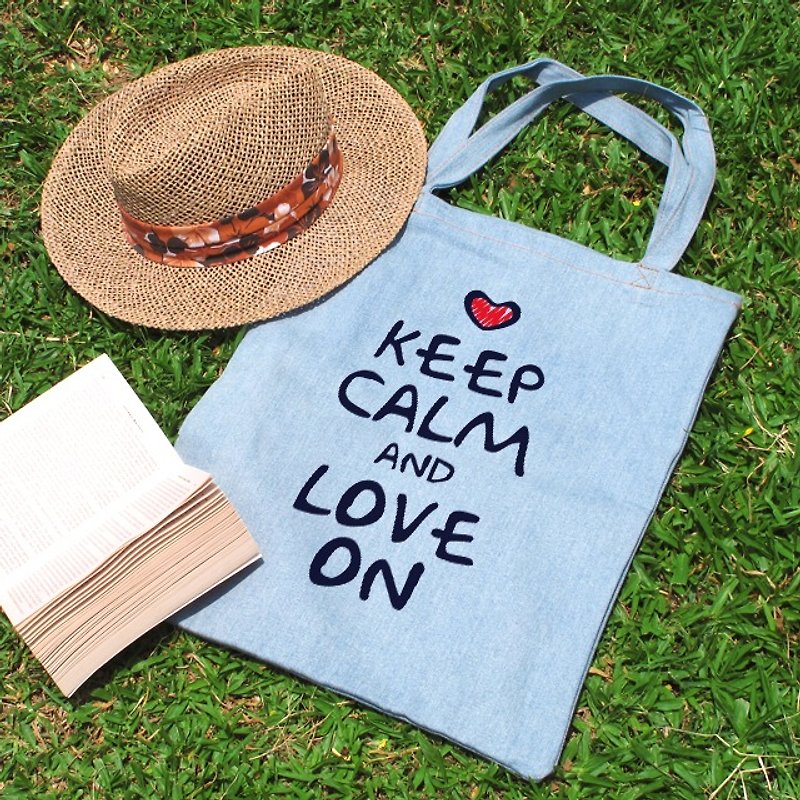 [Customized Gifts] [Denin Denim Shoulder Bag] Light Blue -Keep Calm And Love On - Clutch Bags - Other Materials Blue