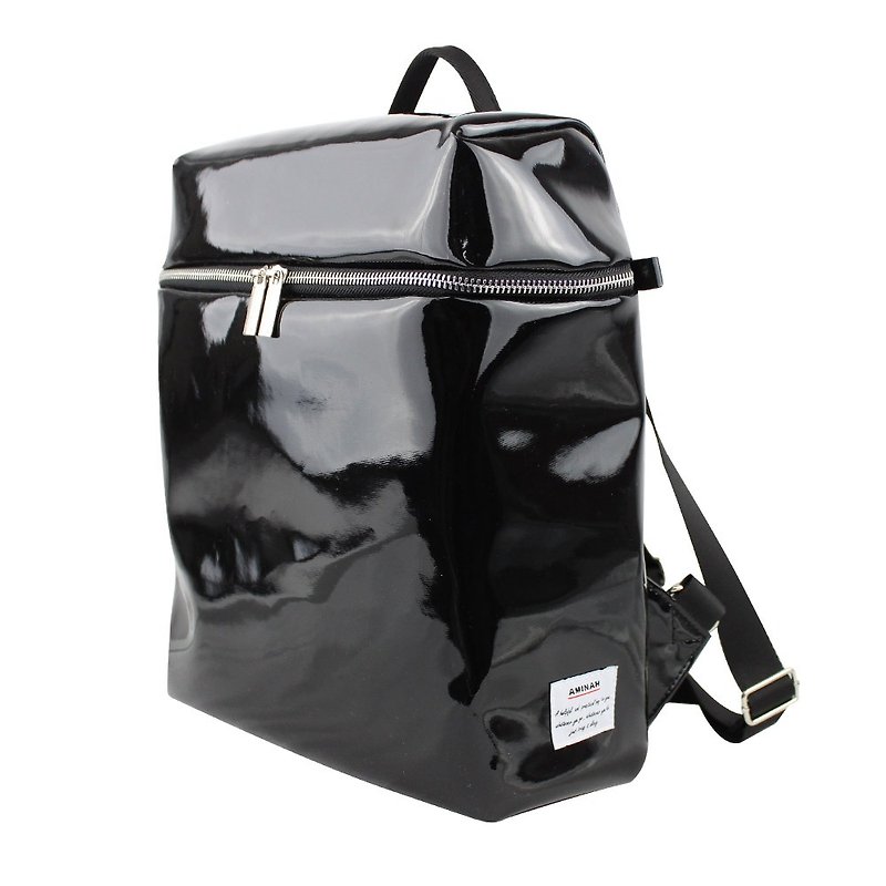 AMINAH-Black shiny mirror back backpack [am-0279] - กระเป๋าเป้สะพายหลัง - หนังเทียม สีดำ
