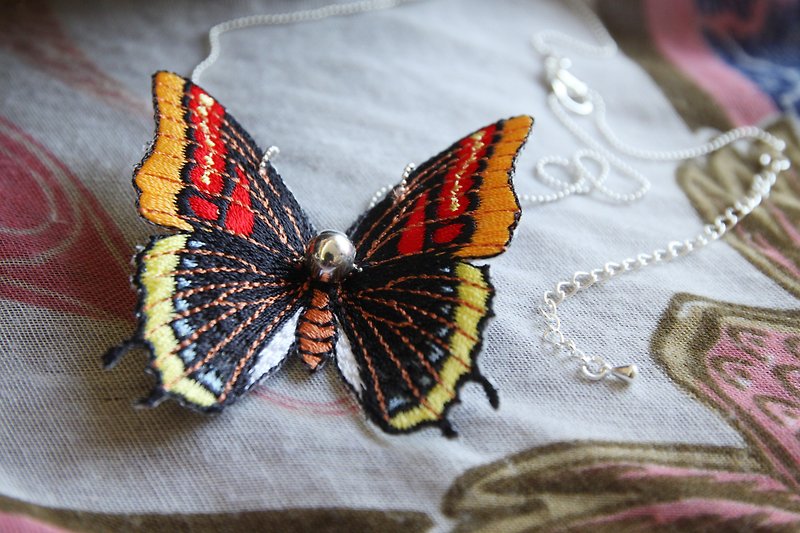 Butterfly embroidery pin and hooded butterfly necklace - yellow and red - Necklaces - Other Materials Red