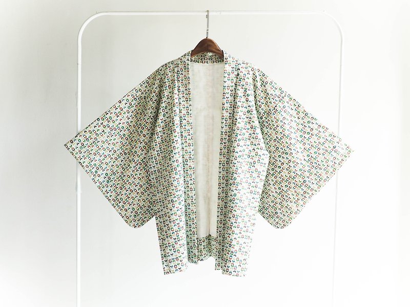 河水山 - 春季粉綠色蝴蝶碎花 羽織 日本古董和服外套 古著 - 外套/大衣 - 棉．麻 綠色
