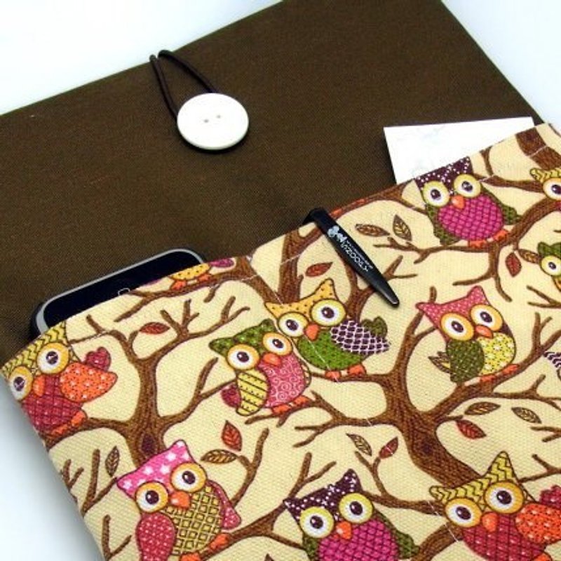 iPad Air sleeve, iPad Case iPad Cover with 2 pockets自家製平板電腦袋，布套 ，筆布包 (可量身訂製) - 可愛貓頭鷹 (53) - 平板/電腦保護殼 - 棉．麻 咖啡色