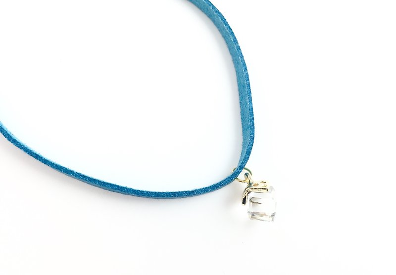 Transparent crystal small gift - light blue suede necklace - สร้อยคอ - หนังแท้ สีน้ำเงิน