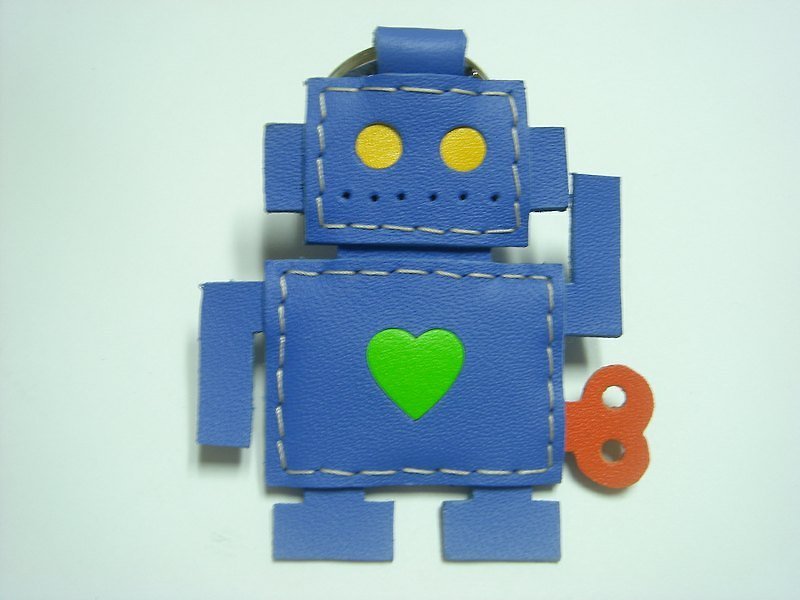 { Leatherprince 手工皮革 } 台灣MIT 藍色 可愛 機器人 純手工縫製 皮革 鑰匙圈 / Richard the Robot Leather Keychain ( Blue ) - Charms - Genuine Leather 
