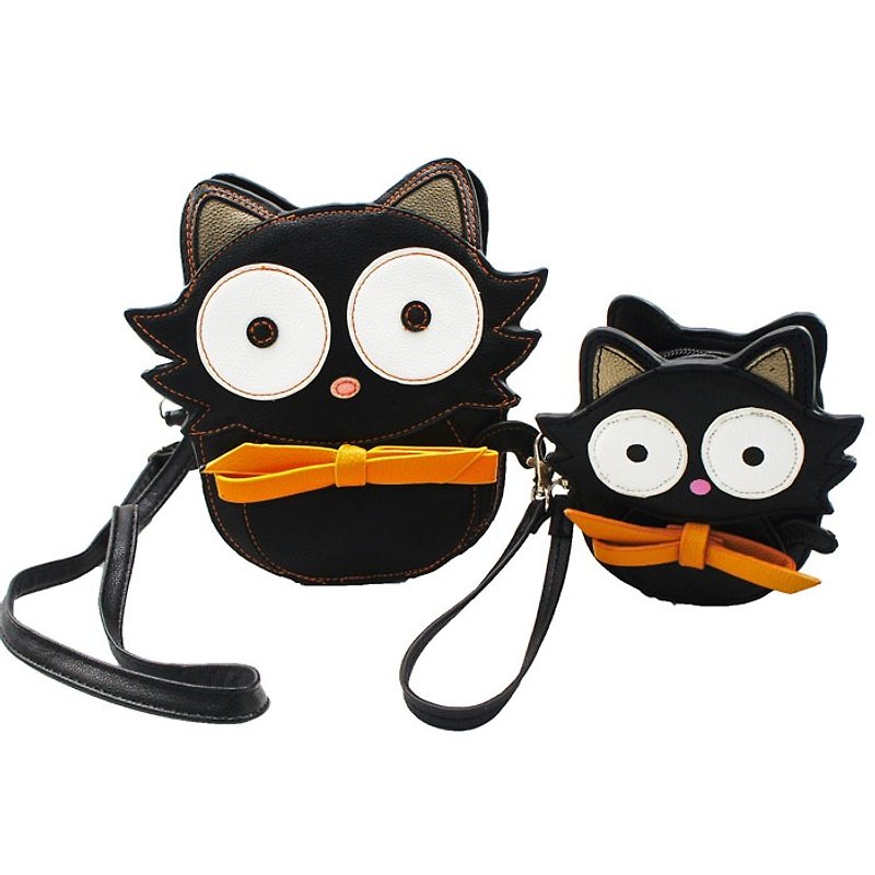 American design Sleepyville Critters Cool Music Village - Kiki Kiki tie small black messenger bag + purse combination - กระเป๋าแมสเซนเจอร์ - หนังแท้ สีดำ