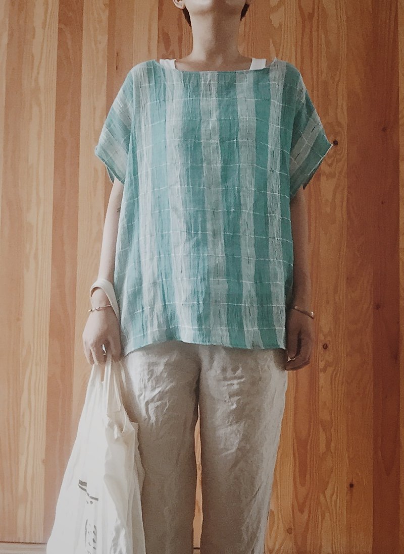最後一件！ 簡單生活 天然手作服 純棉質 印度製棉 舒適透氣藍綠格子上衣 罩衫 - 女上衣/長袖上衣 - 其他材質 多色