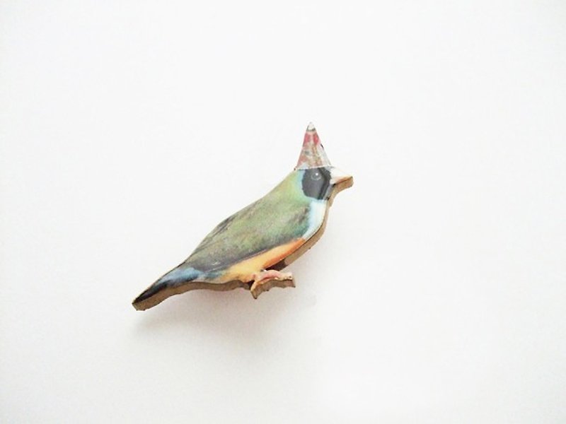 Partying bird brooch / wood earrings wooden earrings series - เข็มกลัด - ไม้ สีเขียว