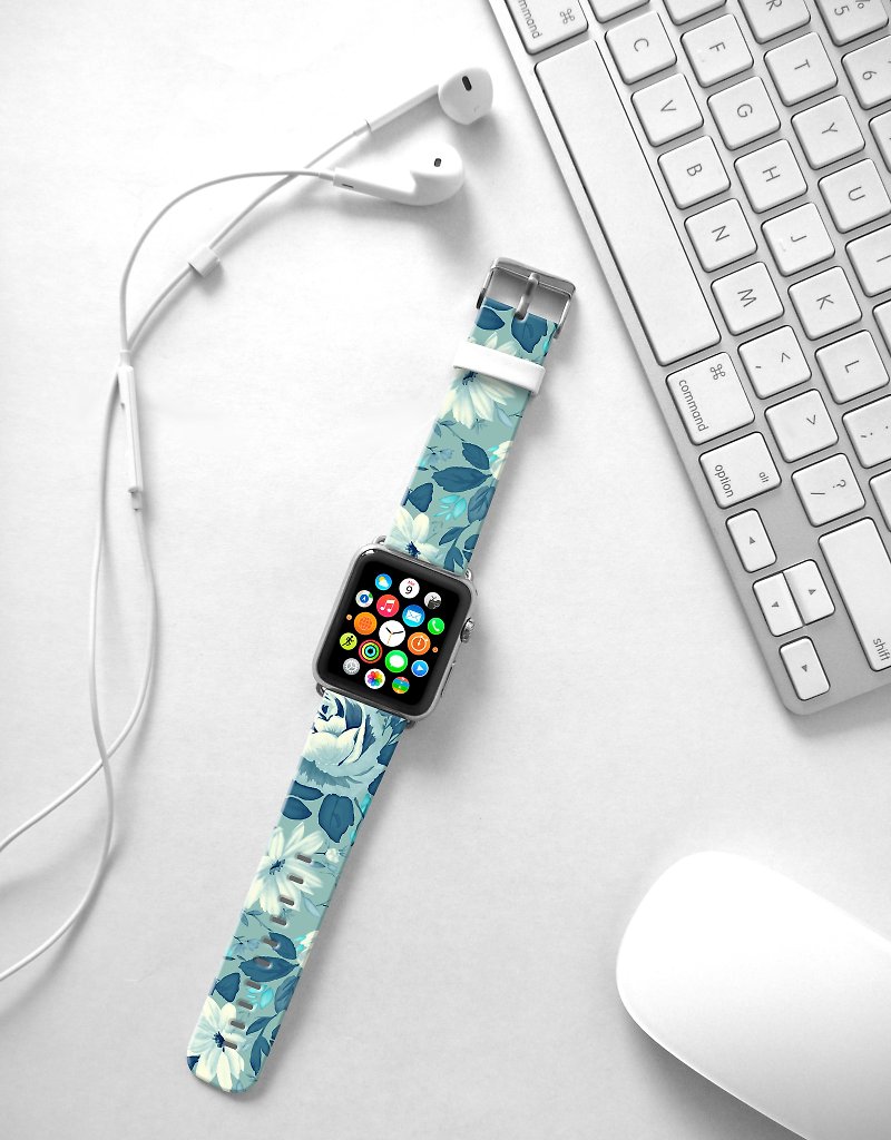Apple Watch Series 1 , Series 2, Series 3 - Blue Rose Floral pattern Watch Strap Band for Apple Watch / Apple Watch Sport - 38 mm / 42 mm avilable - สายนาฬิกา - หนังแท้ 