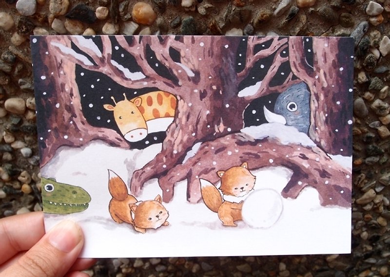 Little Fox's winter postcard. - การ์ด/โปสการ์ด - กระดาษ สีนำ้ตาล