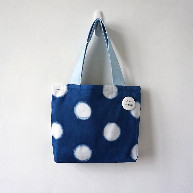 S.A x Macaron, Indigo dyed Handmade Dots Pattern Hand Bag - Handbags & Totes - Cotton & Hemp White