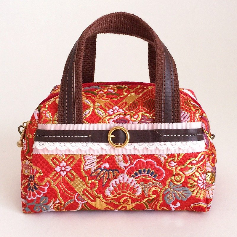 Mini-Boston with Japanese Traditional Pattern, Kimono [Brocade] - กระเป๋าเครื่องสำอาง - วัสดุอื่นๆ สีแดง