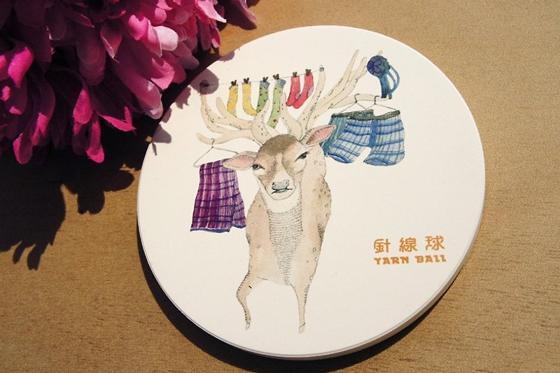 針線球 台灣特有種動物--梅花鹿 陶瓷吸水杯墊 - 杯墊 - 其他材質 白色