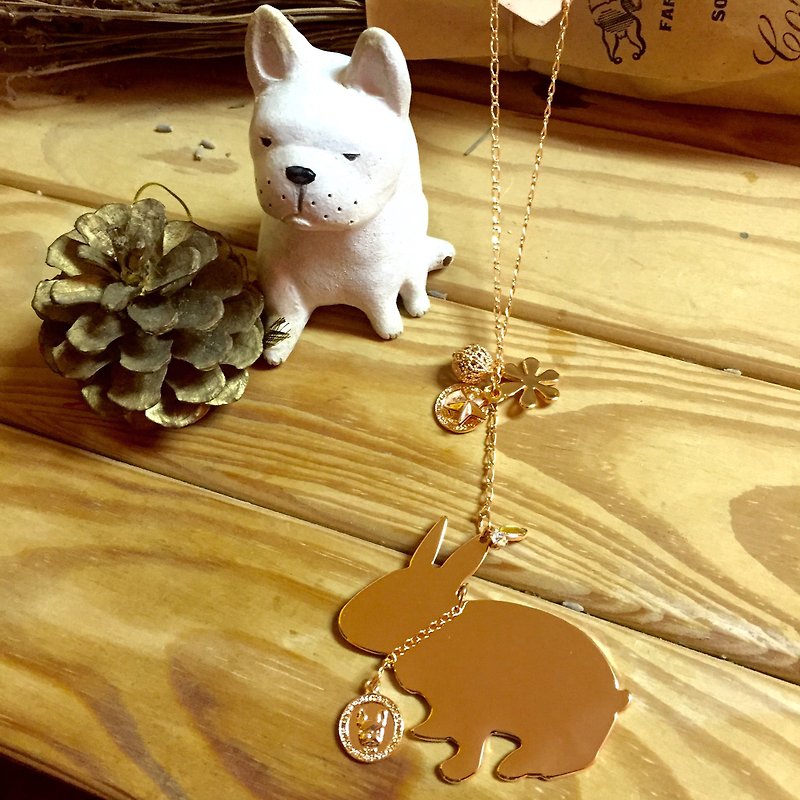 Oops Mini Rabbit silhouette Bronze Rose Gold long necklace - Christmas gifts - - สร้อยคอยาว - โลหะ สึชมพู