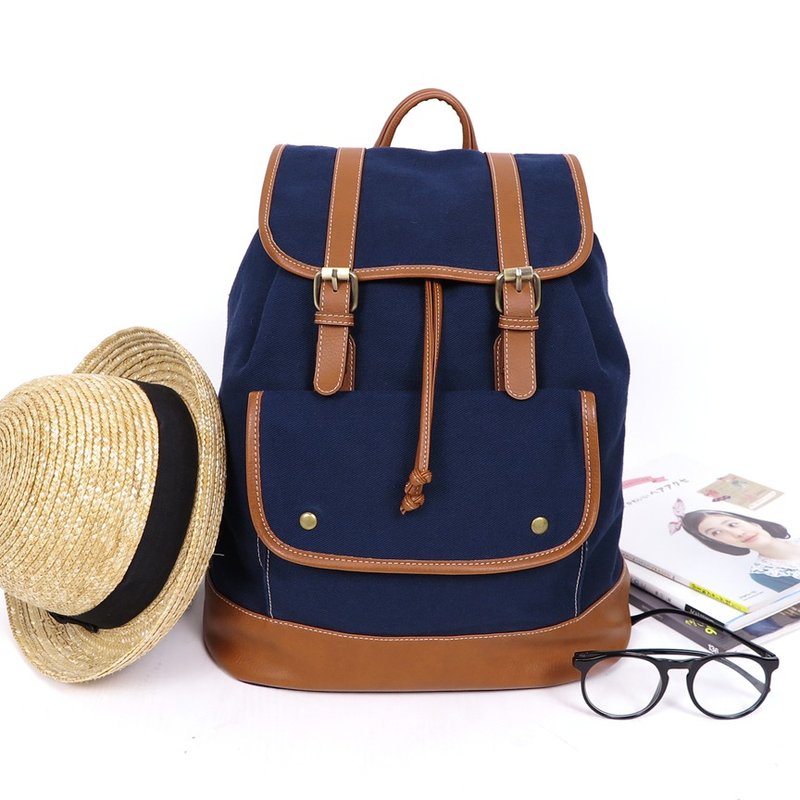 double-belt backpack – navy blue - กระเป๋าเป้สะพายหลัง - วัสดุอื่นๆ สีน้ำเงิน