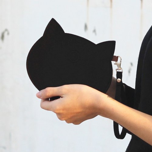 羊毛フェルト猫キャリーバッグ 携帯用パッケージ・リストバンド付き ・黒猫ブラック猫