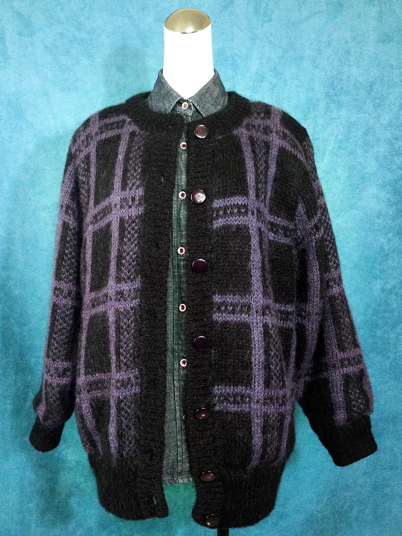 Ping-pong vintage [vintage sweater / purple plaid long version of the ancient with thick sweater coat] foreign high-quality selection of vintage VINTAGE - เสื้อแจ็คเก็ต - วัสดุอื่นๆ หลากหลายสี