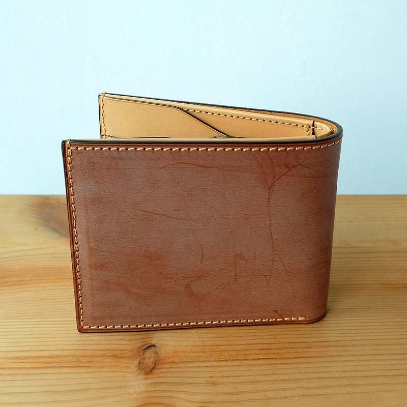 isni [saddle brown short wallet] light brown handamde wax leahter design/free imprint - Wallets - Genuine Leather Brown