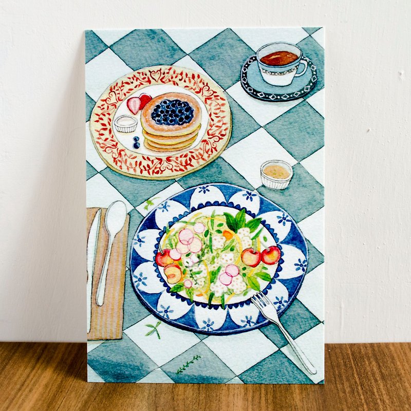 《水彩手繪插畫》食物明信片－沙拉  Watercolor illustration postcard-salad - 心意卡/卡片 - 紙 藍色