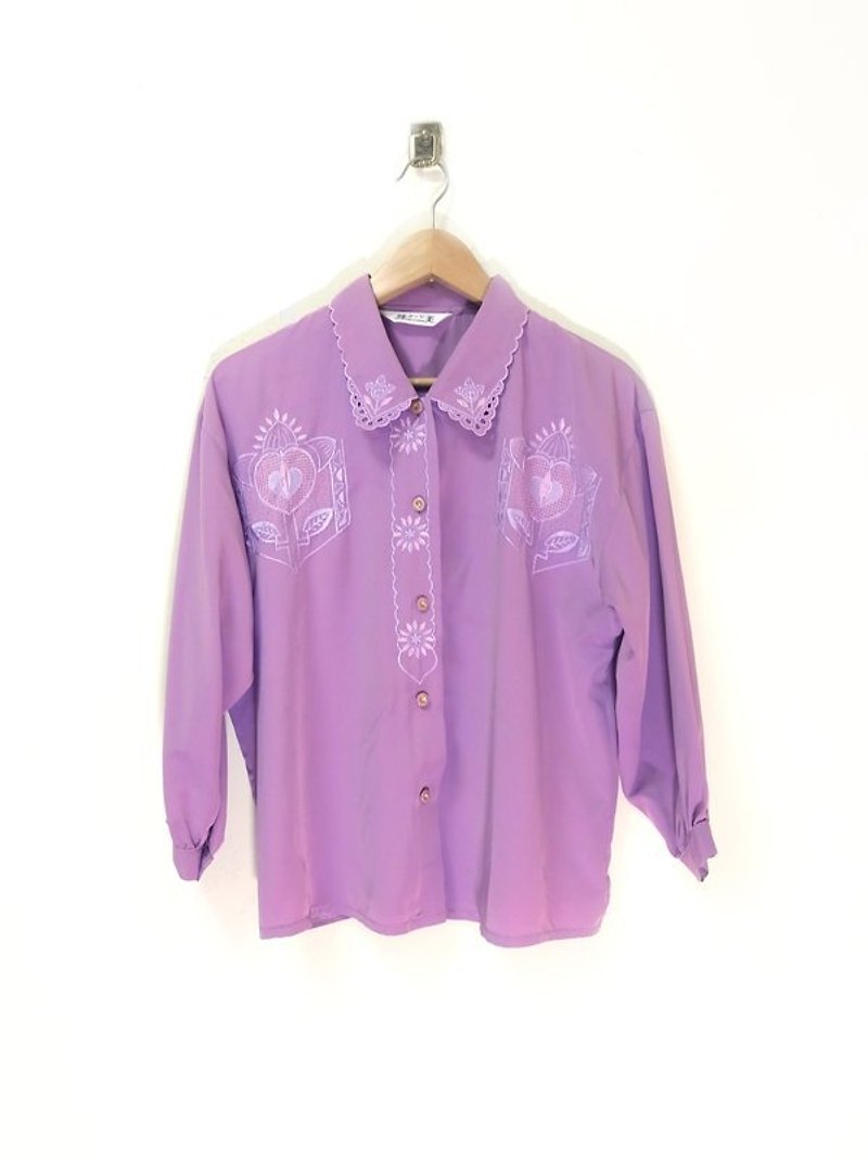淺紫刺繡 鏤空雕花領 襯衫  古著 - Women's Shirts - Other Materials Purple