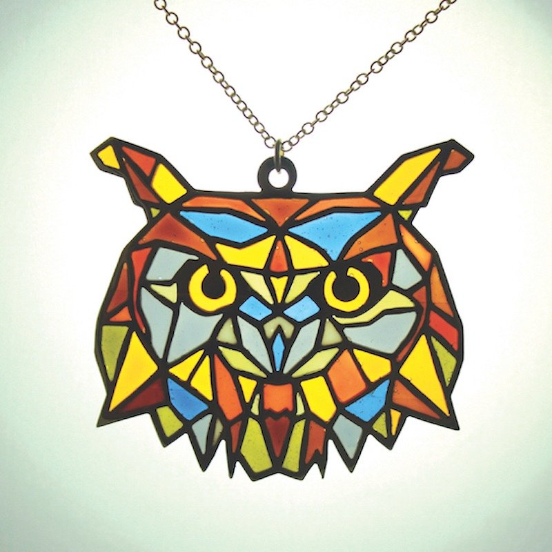 Owl stained glass necklace in brass and oxidized antique color ,Rocker jewelry ,Skull jewelry,Biker jewelry - 項鍊 - 其他金屬 