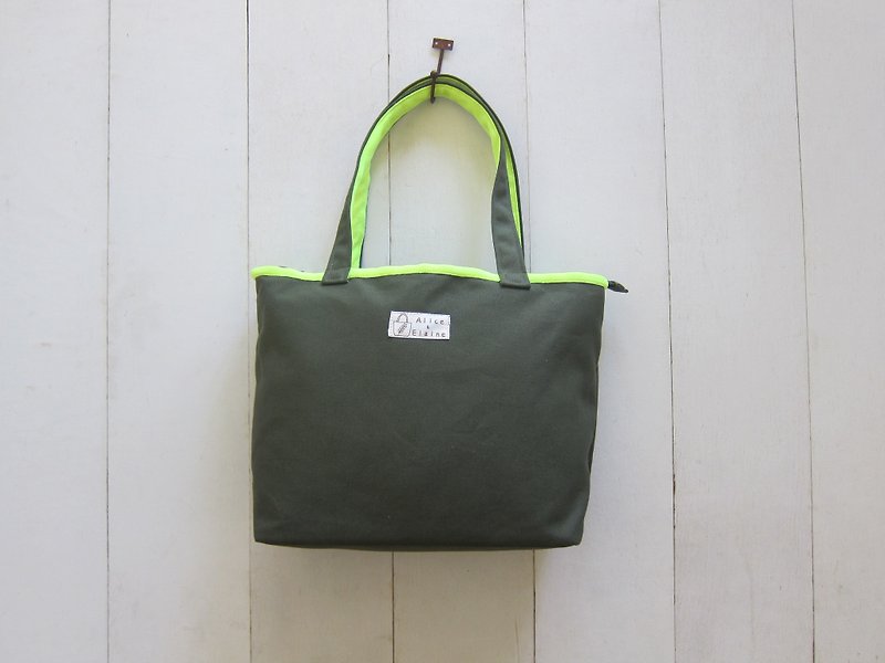 馬卡龍系列-帆布中號托特包(拉鍊開口) 橄欖綠+螢光黃 - 側背包/斜背包 - 其他材質 多色