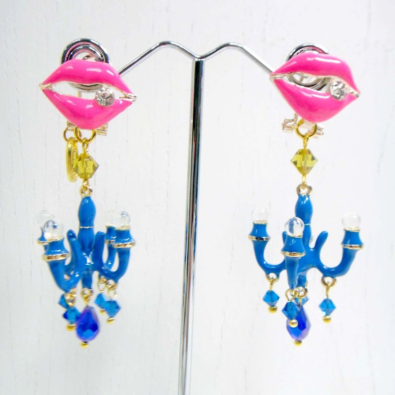 TIMBEE LO color blue crystal chandelier earrings - Earrings & Clip-ons - Other Metals Blue