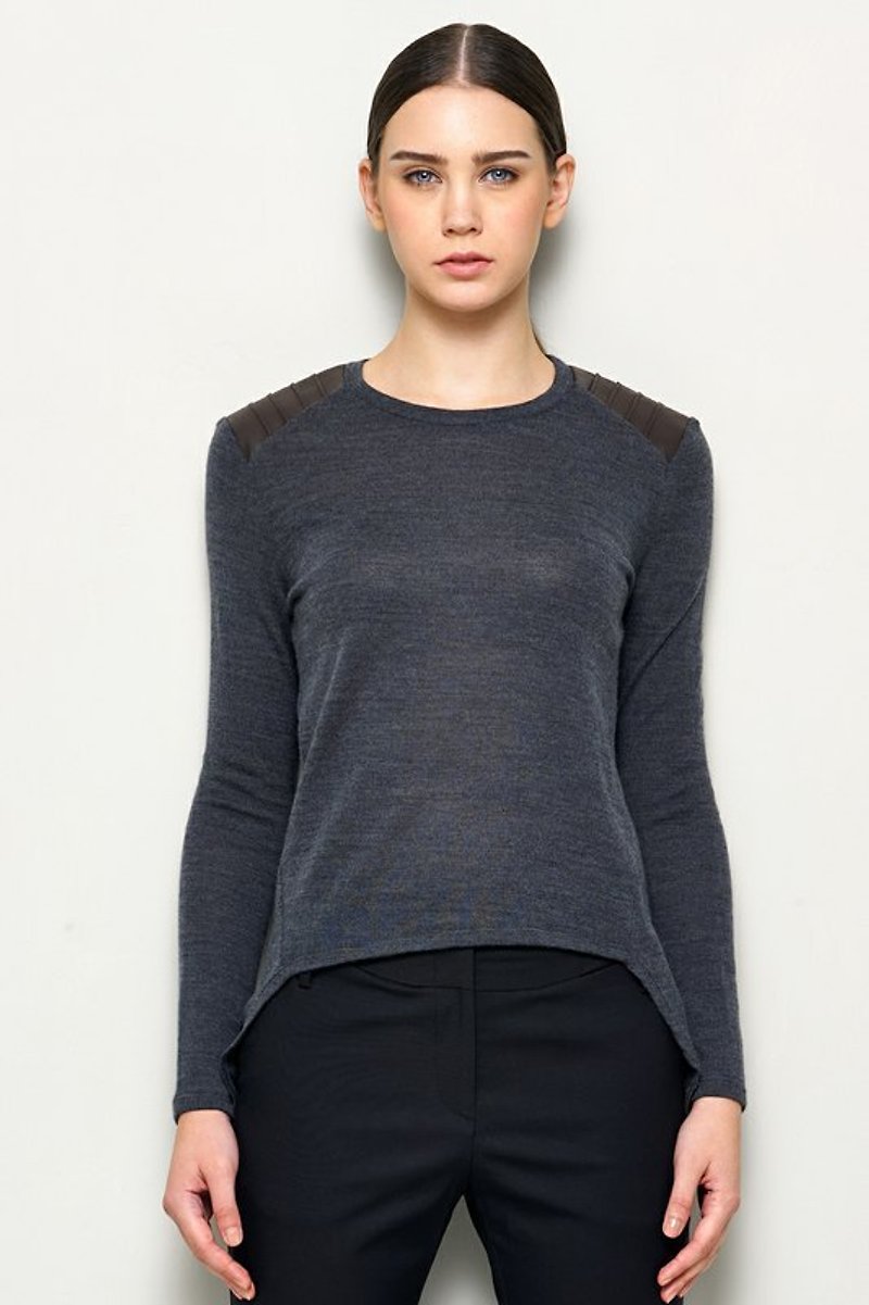 Leather stitching wool knit tops - Women's Sweaters - Other Materials Gray