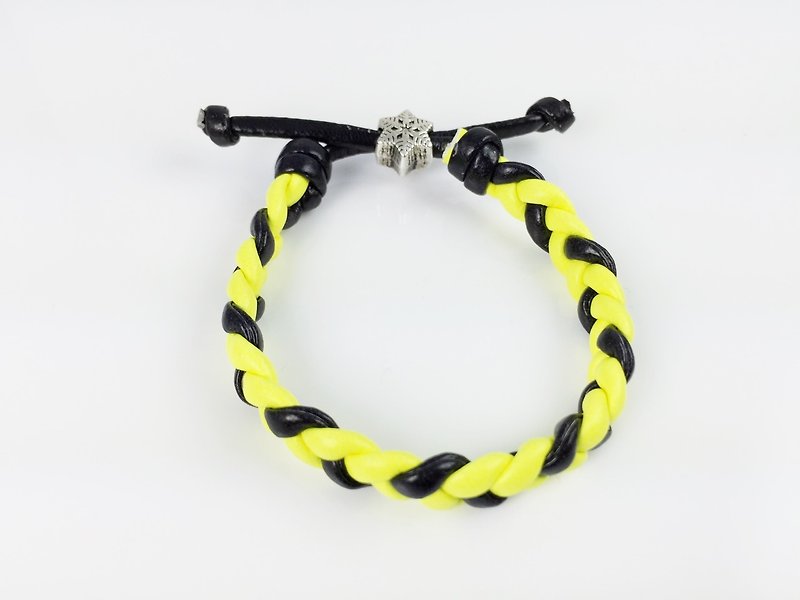 Yellow and black color - imitation leather cord woven - สร้อยข้อมือ - หนังแท้ สีเหลือง