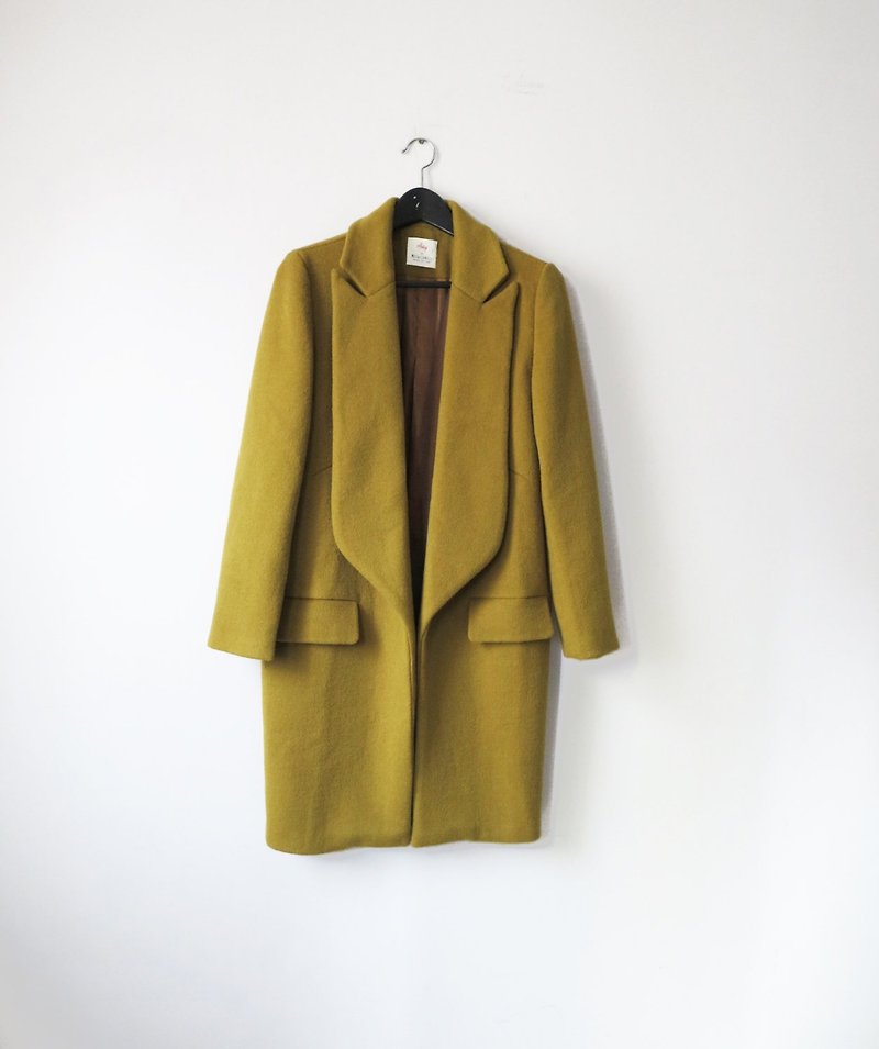 Mustard Olive Green Turtleneck Open Handmade Wool Coat - เสื้อแจ็คเก็ต - ขนแกะ 