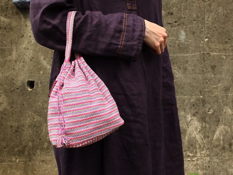Handmade Hand Woven String Pouch  Draw String Bag  Hand Bag Pink - Handbags & Totes - Cotton & Hemp Pink