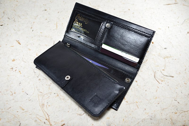 【kuo's artwork】 Hand stitched leather long wallet - กระเป๋าสตางค์ - หนังแท้ สีดำ