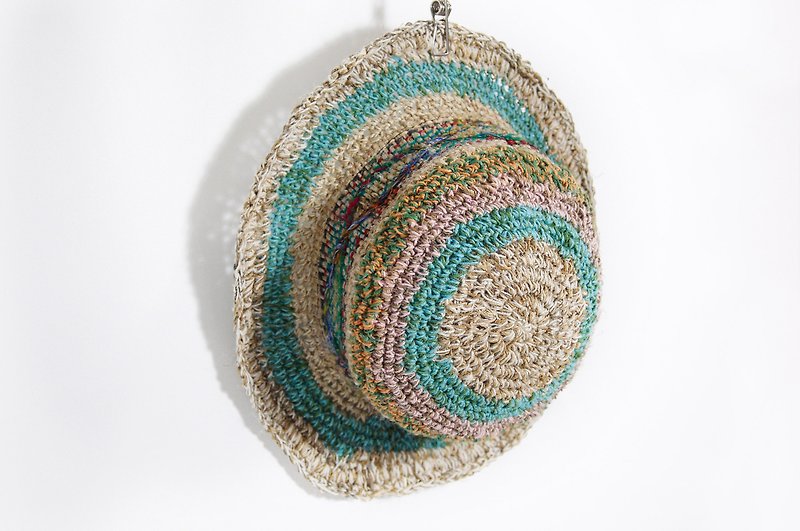 Handmade limited edition cotton Linen knit cap / knit cap / hat - blue sky sari geometric line (limit one) - Hats & Caps - Cotton & Hemp Multicolor