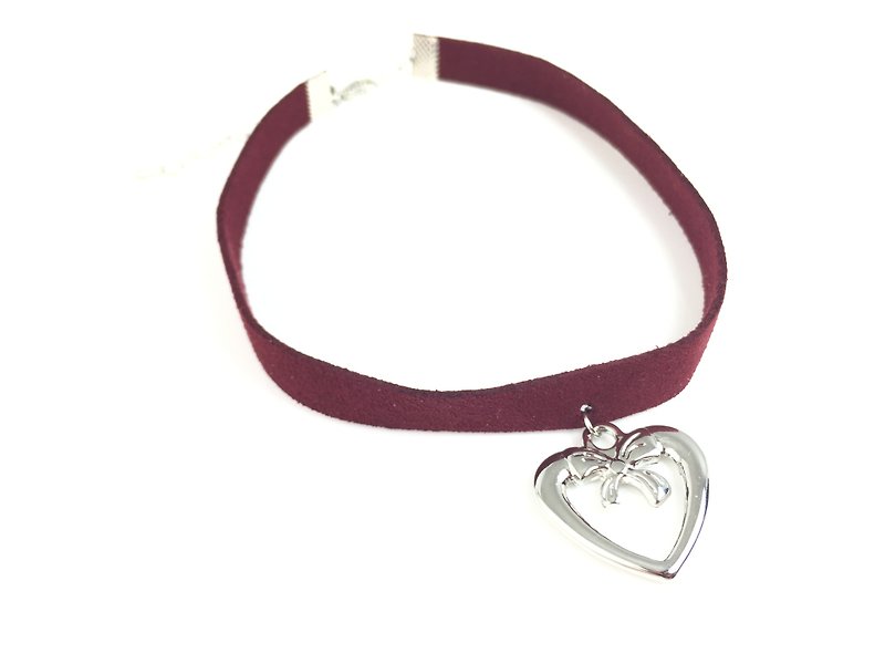 Burgundy suede rope necklace - Silver Bow love - Necklaces - Genuine Leather Purple