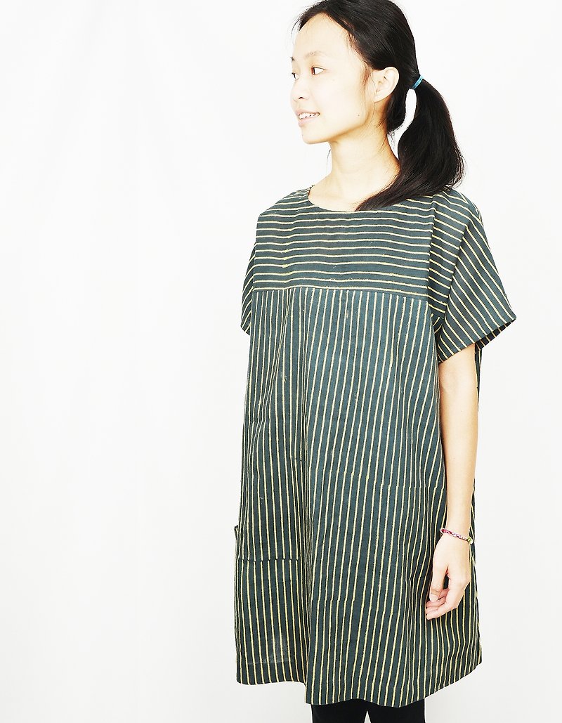 Woodcut dark gray striped dress _ fair trade - One Piece Dresses - Other Materials Black