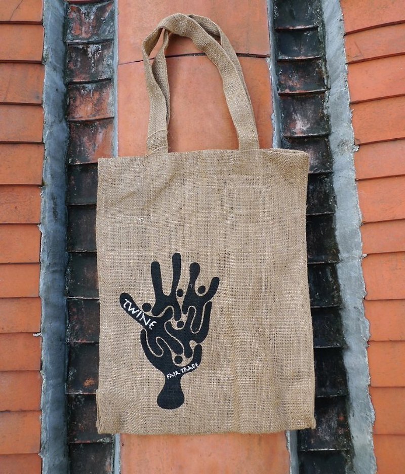 Jute shopping bag - hand tree pattern - กระเป๋าแมสเซนเจอร์ - พืช/ดอกไม้ สีกากี