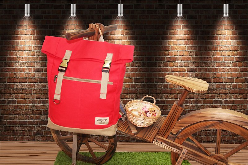 [Unflat Sail] Retro Double Buckle Backpack/Canvas - Sweet Red (Made in Taiwan) - Backpacks - Other Materials Red