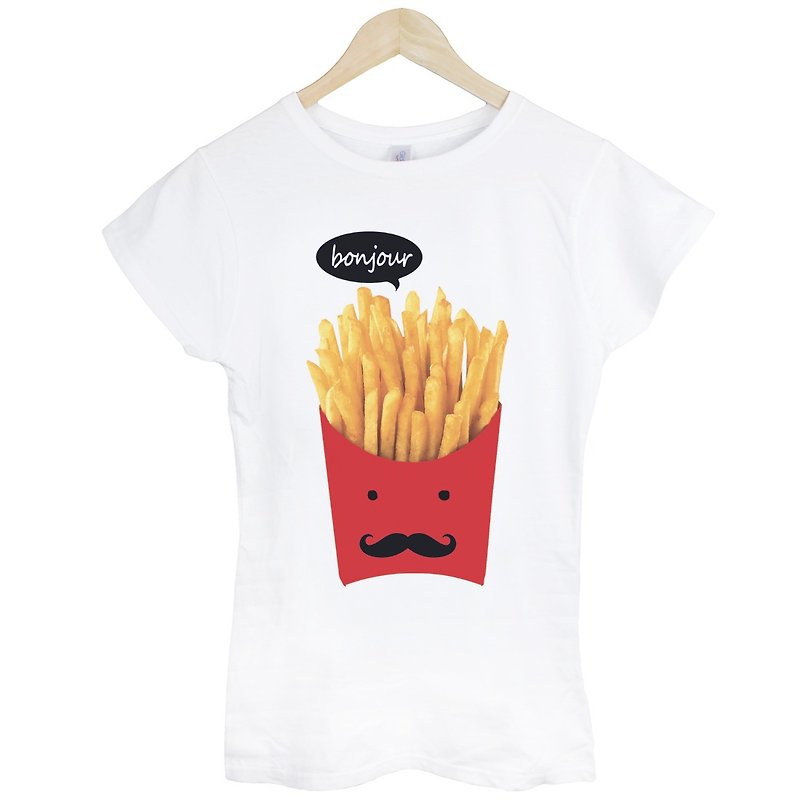 French Fries-bonjour short-sleeved T-shirt for girls-white fries hello French burger toast food fast food design homemade brand Wenqing - Women's T-Shirts - Cotton & Hemp White